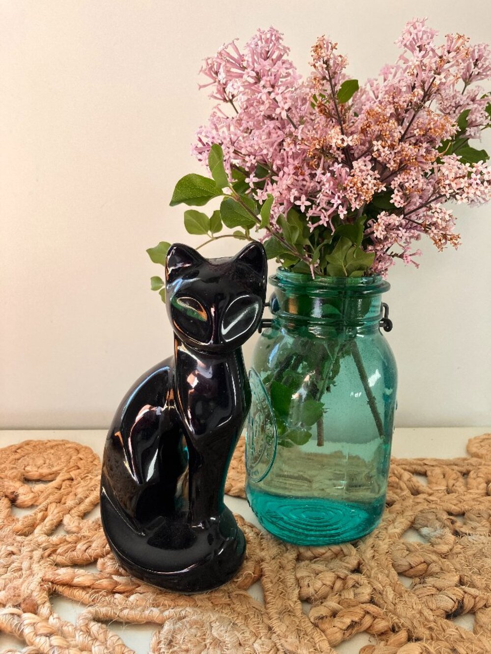 Vintage Green Eyed Black Cat Figurine 1970's